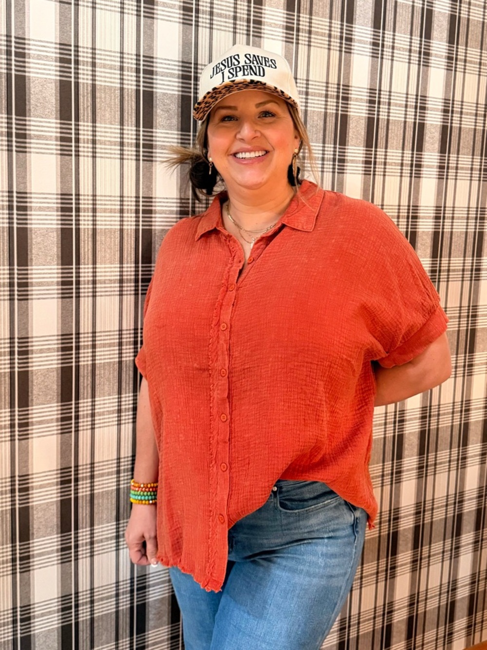 Umgee Brick Red Gauze Button-Down oversized Top